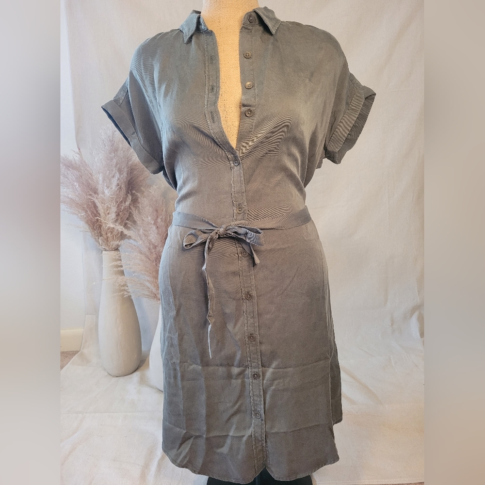 Dark Green Button Up Linen Shirt Dress Small